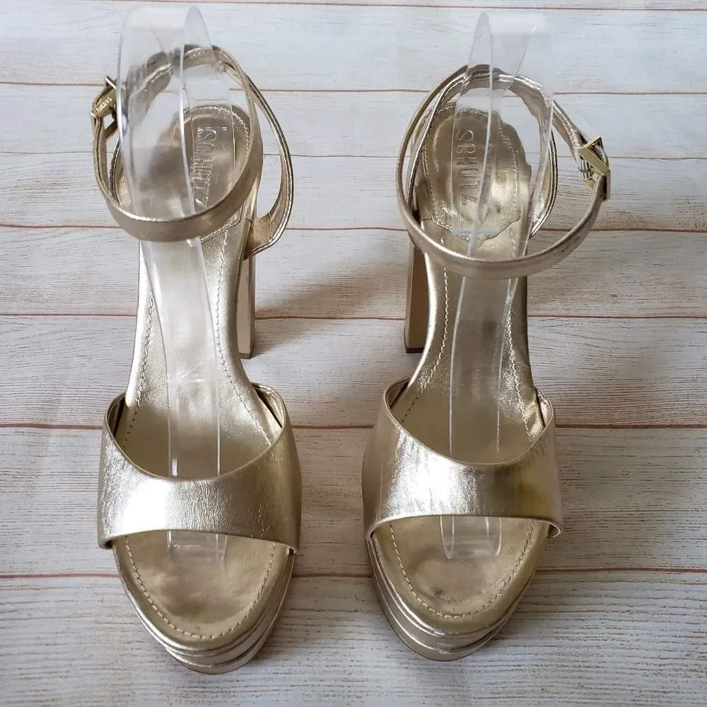 Schutz Kaila Metallic Gold Leather Platform Heels Sandals Ankle Strap Size 10B